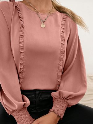 Stitching Wooden Ear Lace Smocking Long Sleeved Shirt round Neck Pullover Shirt Top for Women