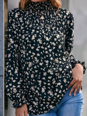 Turtleneck Ruffle Sleeve Floral Smocking Shirt Casual Loose Printed Long Sleeve Shirt Top for Women