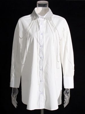 Autumn Winter Korean Collared Casual Diamond Tassel Stitching Loose Single Breasted Stylish Shirt