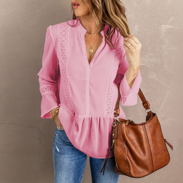 Spring Solid Color V-neck Chiffon Shirt Women Long Sleeve Loose Lace Shirt