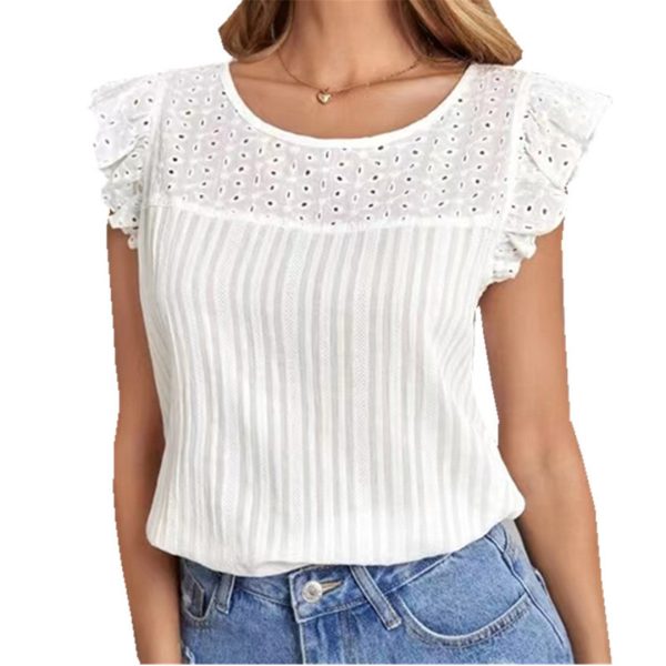 Summer Summer Women Clothing Hollow Out Cutout out Stitching Sleeveless Ruffled Eyelet Embroidery T-shirt Women