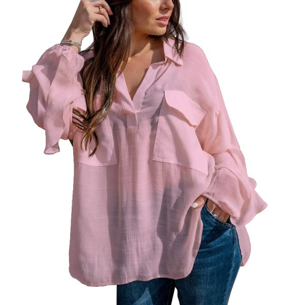 Spot Women Clothing Summer Personal Casual Long Sleeve Pullover Solid Color Cotton Linen Blouse