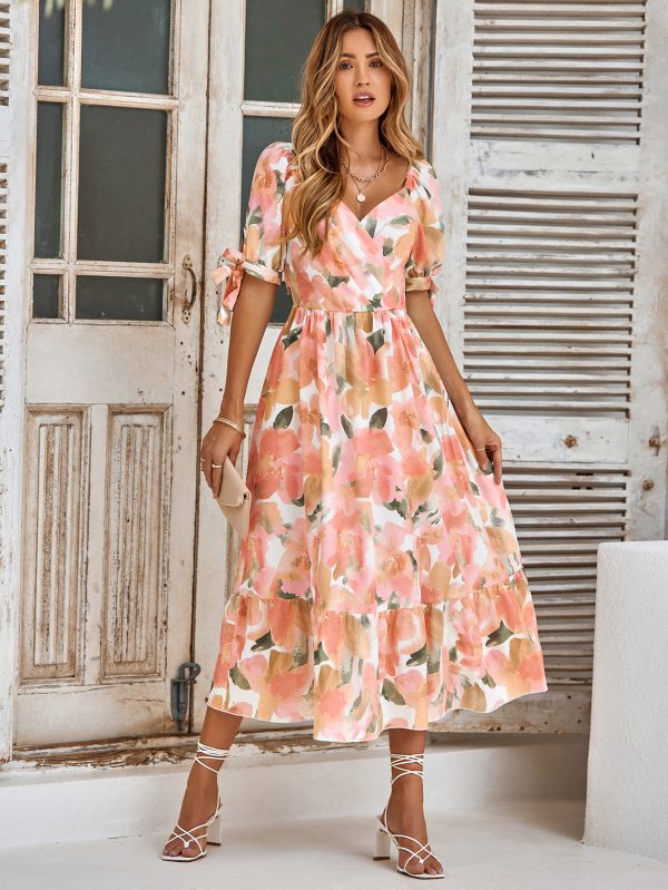 Summer Women Clothes Casual Printed Waist Controlled Puff Sleeve V neck Maxi Dress