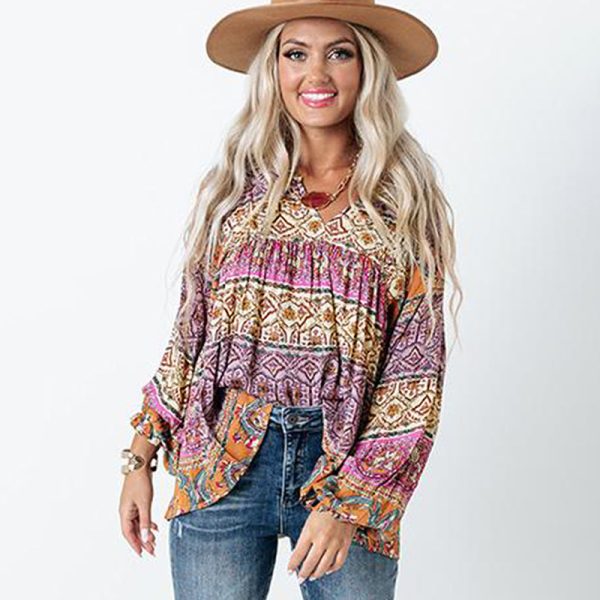 Bohemian Long Sleeved Top Women Autumn Loose V neck Pullover