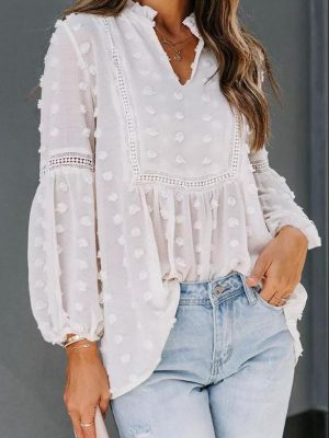 Spring Summer Loose V neck Lantern Sleeve Long Sleeve Pullover Shirt Chiffon Jacquard Solid Color