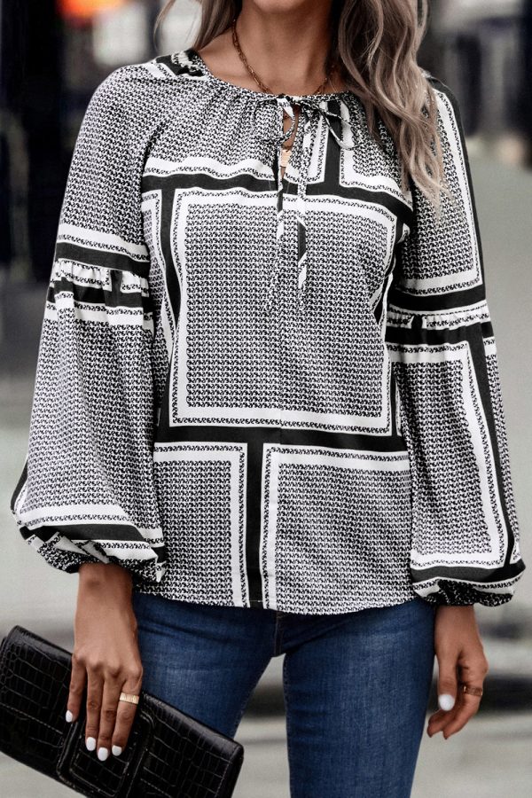 Autumn Winter Women Clothing Lantern Sleeve Printed Shirt