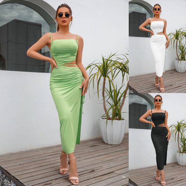 Women Clothing  Summer Sexy Sleeveless Split Midi Dress Milk Silk Maxi Dress Women