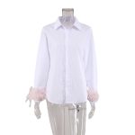 Spring Fashion Slim Fit Workplace Ostrich Feather Long Sleeve Women White Shirt Top