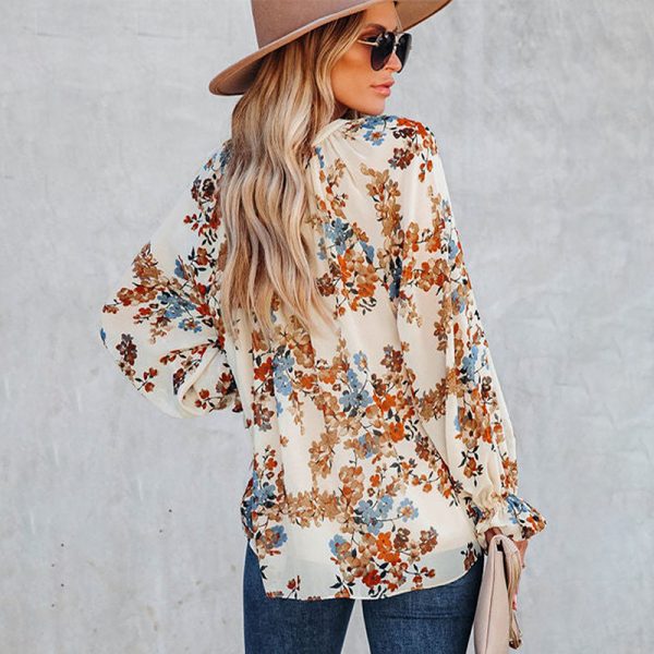 Black Wildflower Printed Chiffon Shirt Women Loose V neck Pullover Top