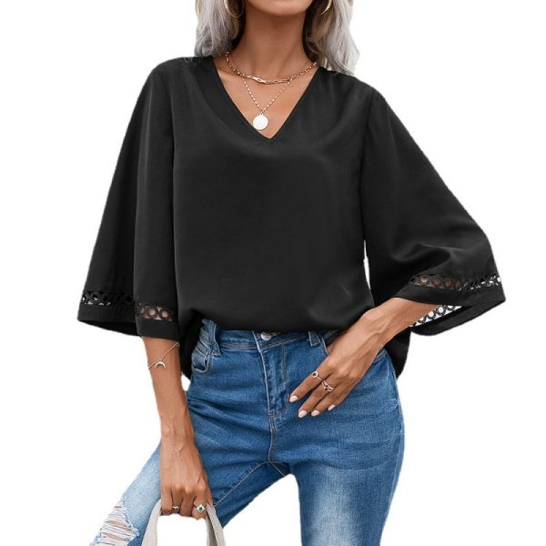 V Neck Pullover Lace Stitching Half Sleeve Shirt Office Hollow Out Cutout Shirt Top Women