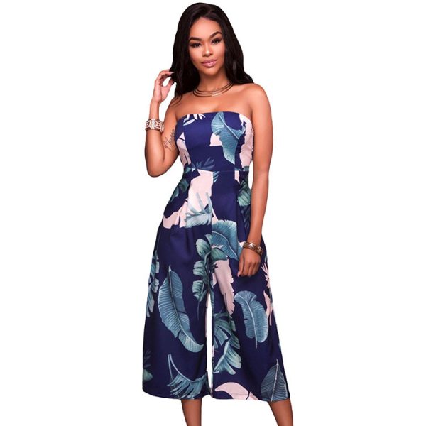 Women Clothing off the Shoulder Printed Casual Loose Long Jumpsuit