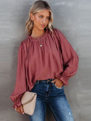 Red Ruffled Long Sleeved T shirt Women Autumn round Neck Top