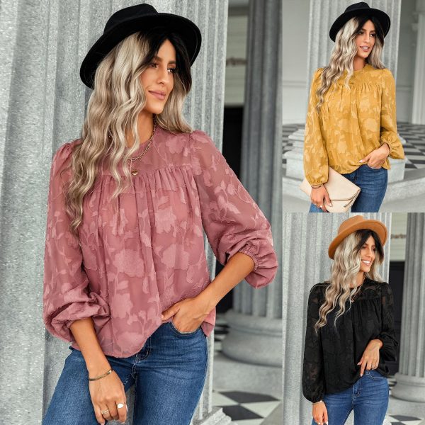 Autumn Winter Jacquard round Neck Top Women Women Clothing Loose Chiffon Shirt