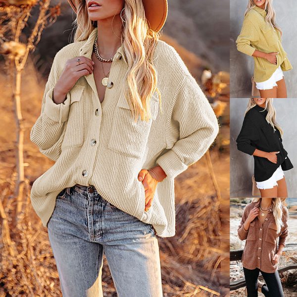 Women Autumn Winter Shirt Solid Color Loose Corduroy Pocket Long Sleeve Cardigan