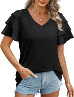 Women Clothing Summer V neck Ruffled Short Sleeve Casual Chiffon Blouse Women Tops