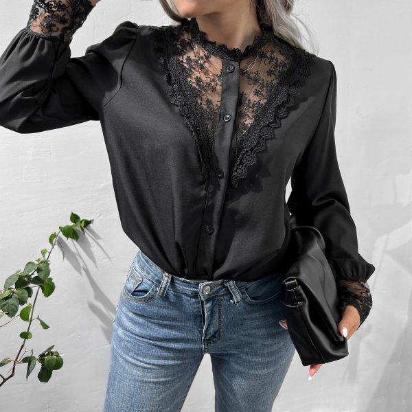 Autumn Winter Lace Shirt Lantern Sleeve Single Breasted Top