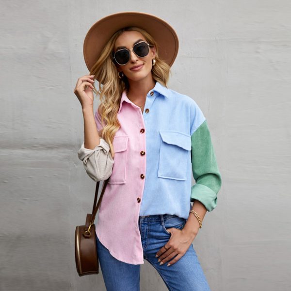 Color Block Stitching Autumn Shirt Women  Loose Long Sleeve Single Breasted Shirt