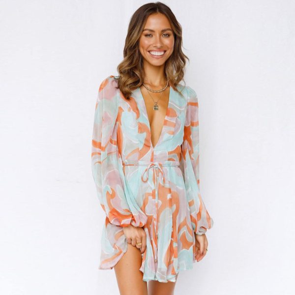 New Sexy Deep V Plunge Plunge Long Sleeve Lace up Printed Dress for Women