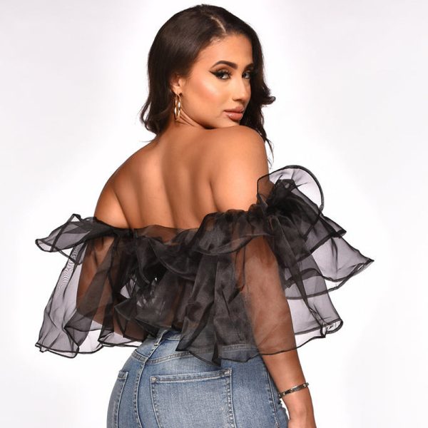 Sexy off-the-Shoulder Short Sleeve Density Mesh Shirt Short Top Women Clothing