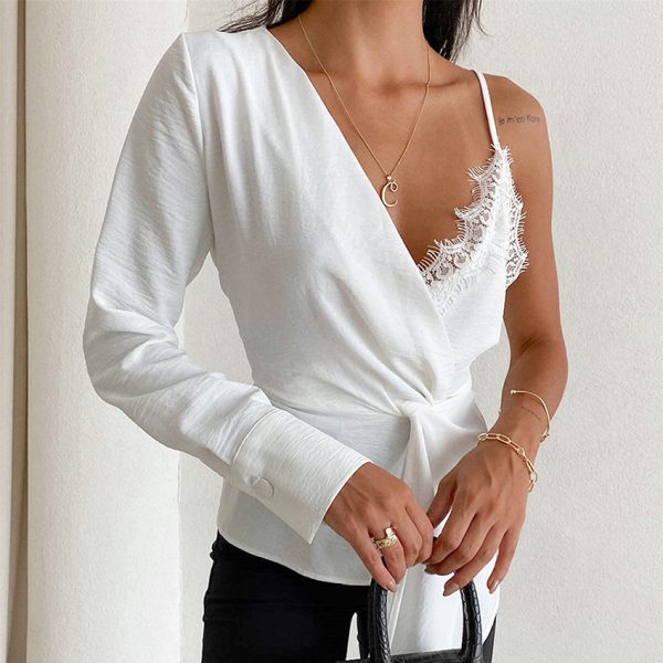 Summer Lace Stitching Irregular Asymmetric Champray Niche Shirt Women Sling