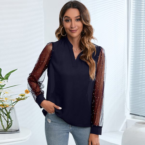 Women Clothing Long Sleeve Mesh Patchwork Top Spring Summer V-neck Chiffon Shirt