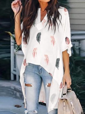 Summer Women Clothing Printed V-neck Batwing Sleeve Casual Irregular Asymmetric Shirt