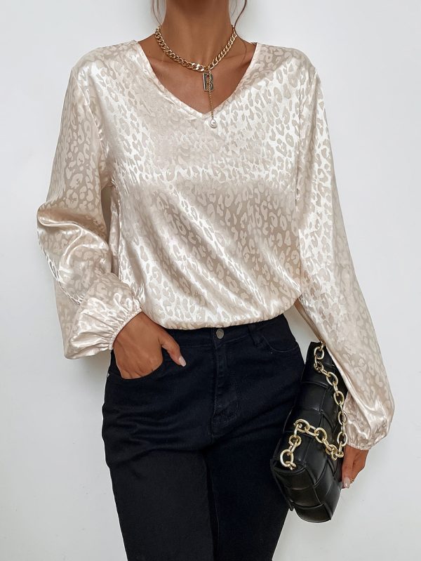 Spring V-neck Pullover Leopard-Print Shirt Women Artificial Silk Jacquard Long-Sleeved Shirt