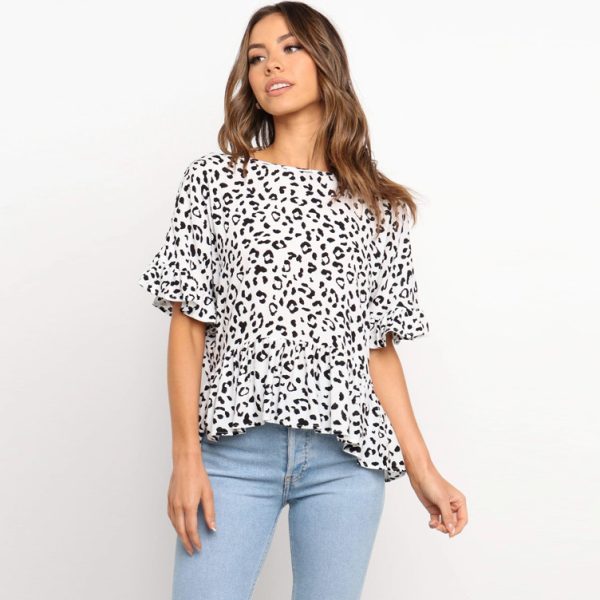 Spring Summer Short Sleeves Leopard Print Loose Shirt Top Women