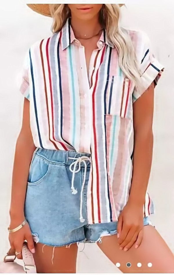 Women Clothing Summer Striped Short-Sleeved Women Shirt Casual Top