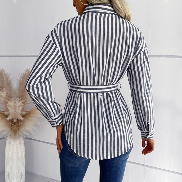 Autumn Casual Women Wear Long Sleeve V neck Mid Length Striped Shirt