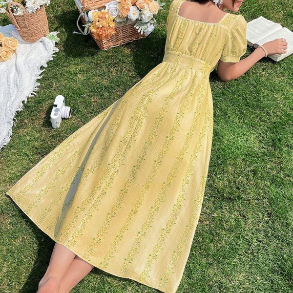 Summer French Floral Yellow Dress Puff Sleeve Fairy Waist Tight Fresh Dress Women