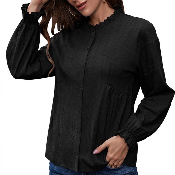 Office Slim Fit Ruffled Long Sleeve Stringy Selvedge Stand-up Collar Single-Breasted Shirt Pure Cotton Shirt Top for Women