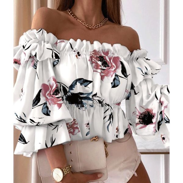 Women Clothing off-Neck Sexy off-Shoulder Long Sleeve Cinched Blouse Top for Women