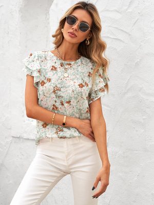 Floral Chiffon Shirt Summer Plant Floral Print Sweet round Neck Short Sleeve Shirt for Women