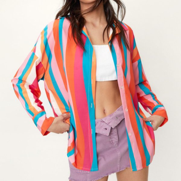 Autumn Urban Casual Office Rainbow Color Striped Long Loose Shirt