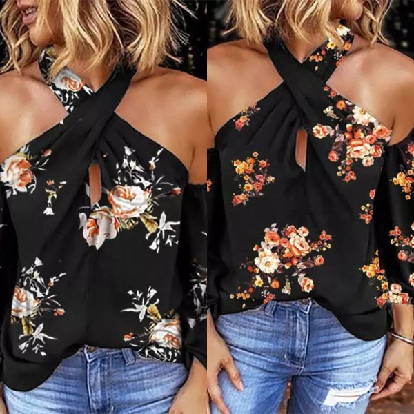 Summer Printed Long Sleeve Halter Sexy Backless Loose Top Women