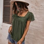 Casual French Square Collar Top Summer Short Sleeve Lace Stitching Women Clothing