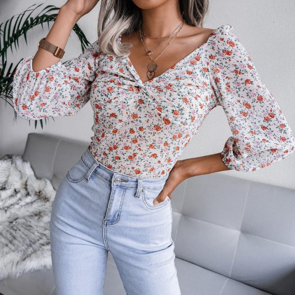 Autumn Winter Sexy V-neck Knotted Floral Chiffon Shirt Top Women Clothing