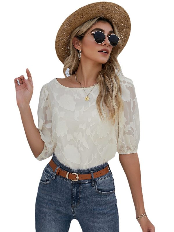 Summer Women Chiffon Floral Pullover round Neck Shirt with Half Sleeve Office Chiffon Shirt