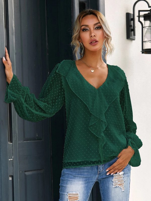 Solid Color V-neck Pullover Ruffled Lantern Sleeves Office Loose Chiffon Autumn Women Top