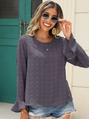 Autumn New Pullover round-Neck Flared Sleeves Jacquard Wave Point Office Women Shirt