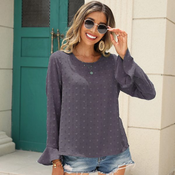 Autumn New Pullover round-Neck Flared Sleeves Jacquard Wave Point Office Women Shirt