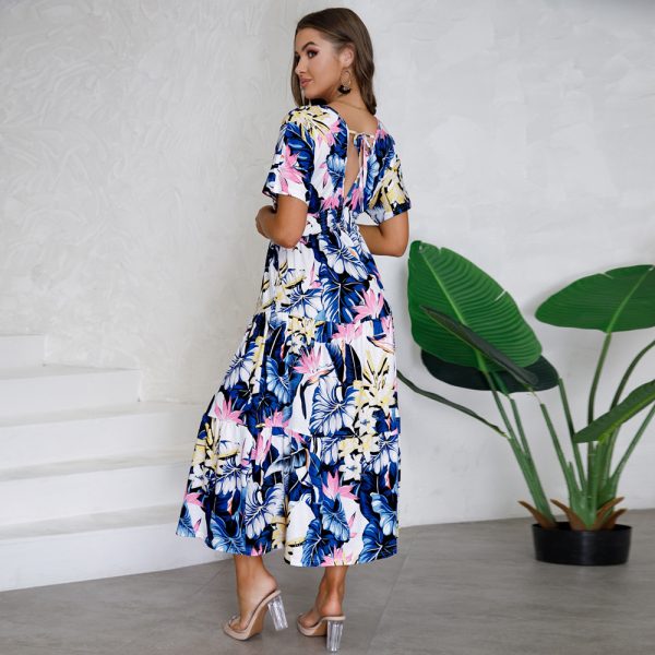 Summer Slim Fit Elegant Dress Cotton V neck Long Floral