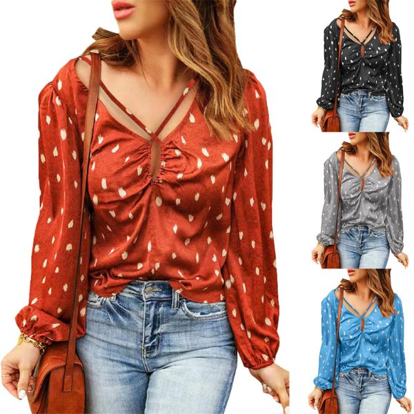 Printed Polka Dot Shirt Women Summer V-neck Criss Cross Drawstring Printed Puff Sleeve Top