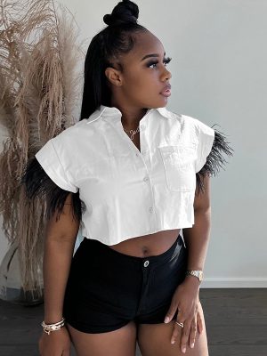 Women Clothing Breasted Feather Sleeve Short Top Collared Short Sleeve White Jersey Shirt