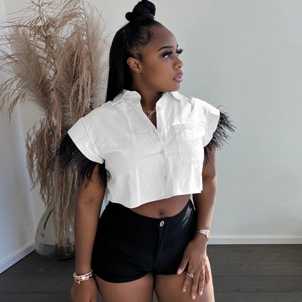 Women Clothing Breasted Feather Sleeve Short Top Collared Short Sleeve White Jersey Shirt