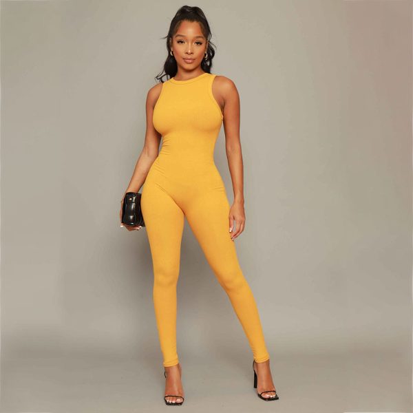 Spring Summer Women Clothing Solid Color Rib High Elastic Sleeveless Jumpsuit Sexy round Neck Women