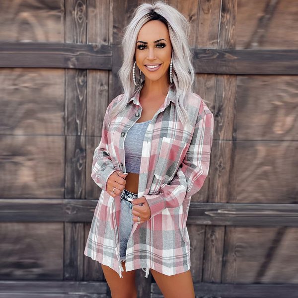 Pink Plaid Button Pocket Shirt Women Collared Long Sleeve Shirt