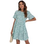 Summer round Neck Floral Ruffle Sleeve Loose Dress