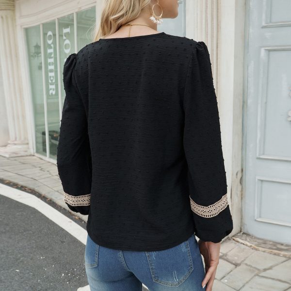 Long Sleeve V neck Top Women Clothing Jacquard Casual Shirt